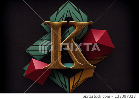 Golden letter K decorated with colorful geometric figures on black background. 3D rendering. 138397328