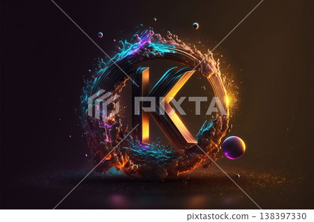 3d rendering of letter K in the form of an explosion of colored particles. 138397330