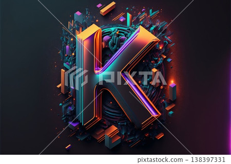 3d illustration of letter K in neon style. Letter K is located in the center of the frame. 138397331