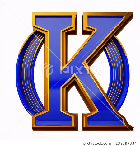 Blue letter K in 3D with gold frame isolated on white background 138397334
