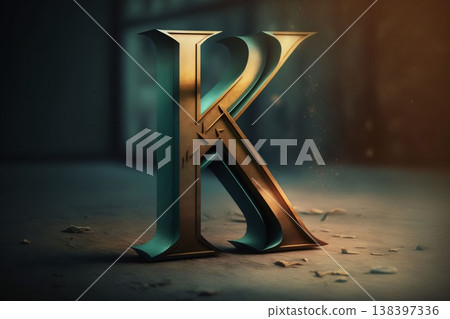 Golden letter K in a dark room. 3D Rendering. 138397336