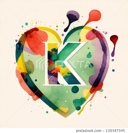 K letter in heart shape with colorful watercolor splashes. Vector illustration. K letter in heart shape with colorful watercolor splashes. Vector illustration. 138397345