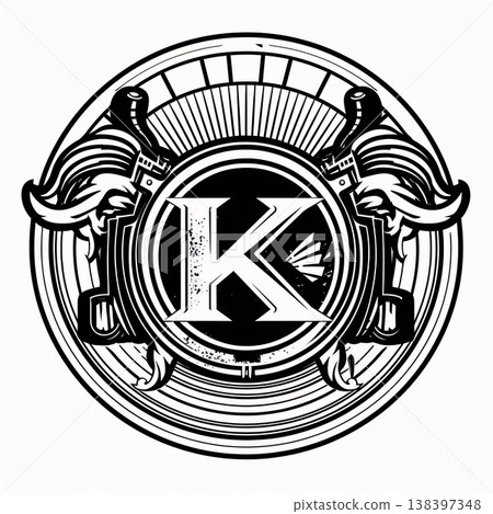 Vintage monochrome illustration with letter K in the center of shield Vintage monochrome illustration with letter K in the center of shield 138397348