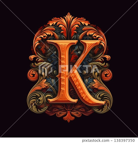 Colorful decorative letter K in Victorian style with floral ornament. Vector illustration Colorful decorative letter K in Victorian style with floral ornament. Vector illustration 138397350