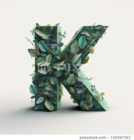 Decorative letter K made of green leaves, 3d render illustration Decorative letter K made of green leaves, 3d render illustration 138397361