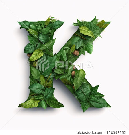 Alphabet made of green leaves. Letter K. 3D rendering Alphabet made of green leaves. Letter K. 3D rendering 138397362