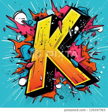 Vector illustration of Letter K in pop art style on colorful background. Vector illustration of Letter K in pop art style on colorful background. 138397363