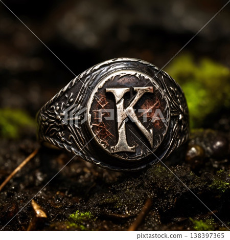 Silver coin with the letter K on the background of green moss. Silver coin with the letter K on the background of green moss. 138397365