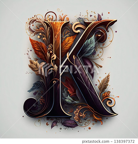 Vintage letter K with leaves and swirls. Vector illustration for your design 138397372