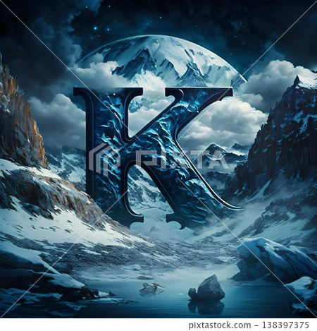Fantasy letter K in the mountains. 3D render. Fantasy alphabet. 138397375