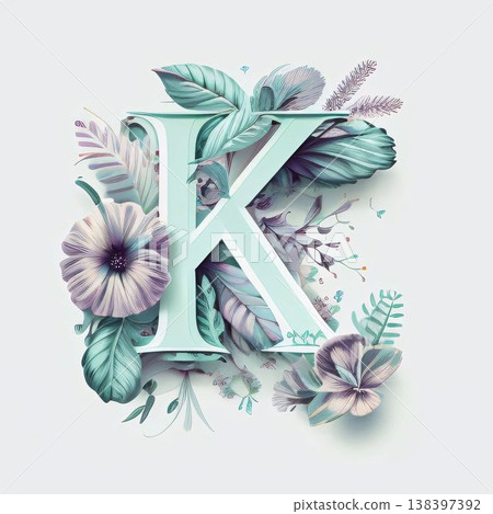 Alphabet letter K with floral design elements. 3d rendering. 138397392