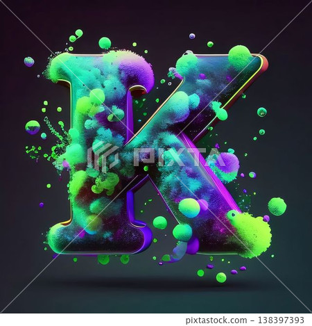3d letter K uppercase with colorful paint splashes isolated on black background 138397393