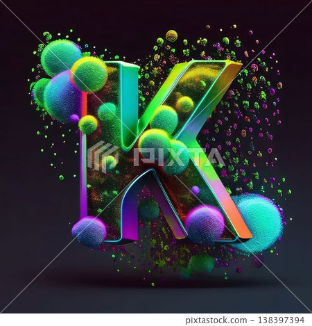 3d letter K uppercase. Colorful 3d rendered font with bubbles isolated on black background. 138397394