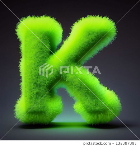 Green fluffy uppercase letter K, 3D rendering isolated on black background 138397395
