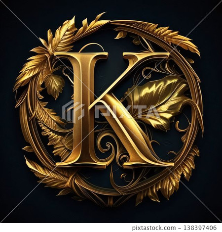 Luxury golden letter K in the form of a laurel wreath. Luxury golden letter K in the form of a laurel wreath. 138397406