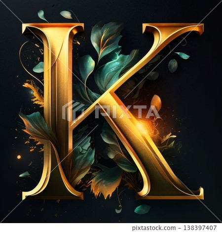 Gold letter K with floral ornament on black background. 3d illustration Gold letter K with floral ornament on black background. 3d illustration 138397407