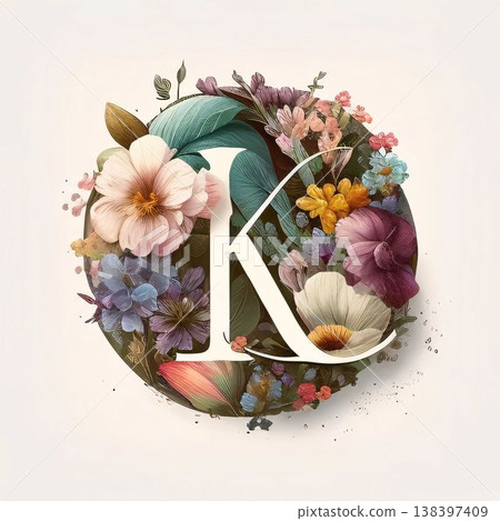Floral letter K. Floral alphabet. Hand drawn font. Vector illustration. Floral letter K. Floral alphabet. Hand drawn font. Vector illustration. 138397409