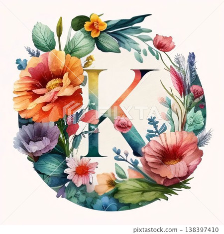 Letter K with flowers. Hand drawn watercolor illustration for your design. Letter K with flowers. Hand drawn watercolor illustration for your design. 138397410