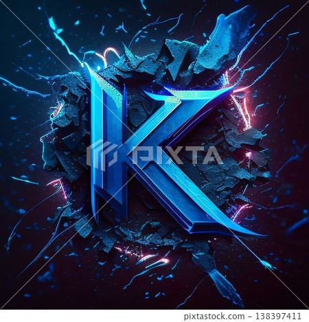 3D render of cracked blue letter K isolated on dark background. 3D render of cracked blue letter K isolated on dark background. 138397411