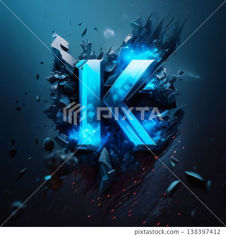 Futuristic letter K with explosion effect on dark background. 3D rendering Futuristic letter K with explosion effect on dark background. 3D rendering 138397412
