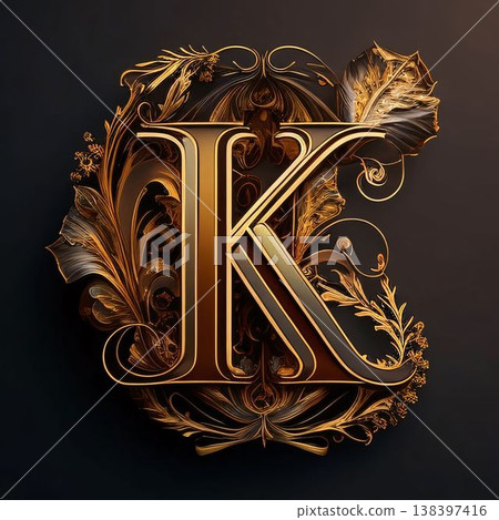Luxury golden letter K with floral ornament. 3d render 138397416