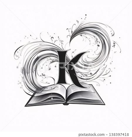Open book with a letter in the shape of a flower. Letter K 138397418