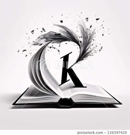 Open book with stylized letter K, isolated on white background. 138397420