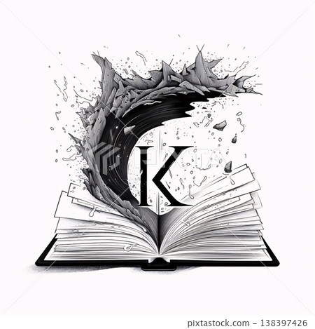 Open book with black ink splashes and letter K on white background Open book with black ink splashes and letter K on white background 138397426