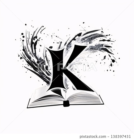 Letter K with ink splashes and open book. Vector illustration. 138397431