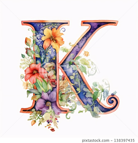 Capital letter K with floral ornament, hand drawn watercolor illustration on white background 138397435