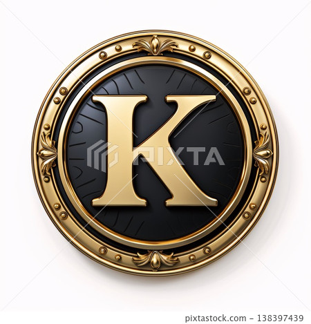 Golden letter K in round frame on white background. 3D rendering. 138397439