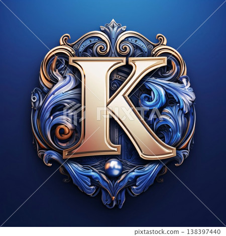 Luxury letter K with floral ornament on blue background. 3d rendering 138397440