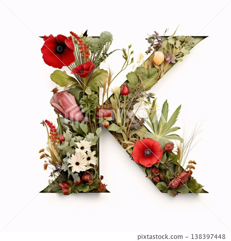 Letter K of the English alphabet made of autumn leaves and flowers. 138397448