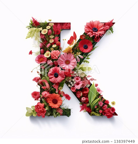 Letter K of the alphabet made of flowers, isolated on white background 138397449