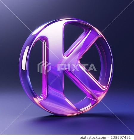 Glossy violet peace symbol on blue background. 3d rendering letter K 138397451