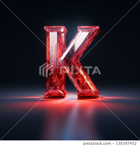 Red glass letter K isolated on black background. 3d rendered illustration. 138397452