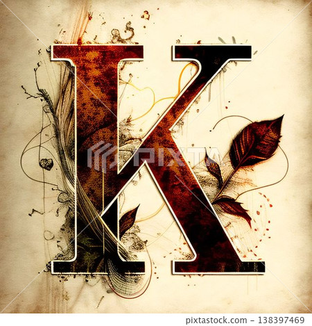 Grunge vintage letter K with feather and music notes background. 138397469