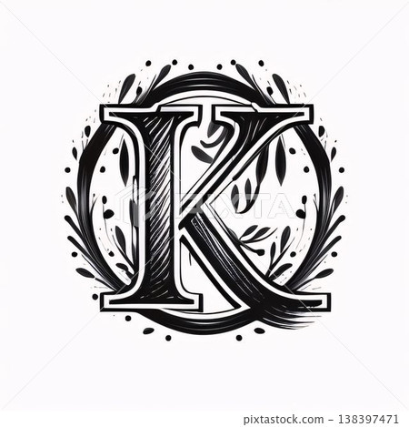 Initial letter K in black and white with olive branch and leaves. 138397471