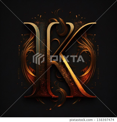 K letter with floral ornament, isolated on black background. Vector illustration. K letter with floral ornament, isolated on black background. Vector illustration. 138397474