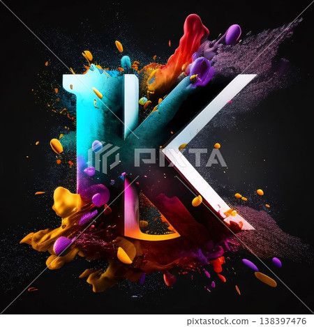 Colorful 3d letter K with abstract splashes on black background 138397476