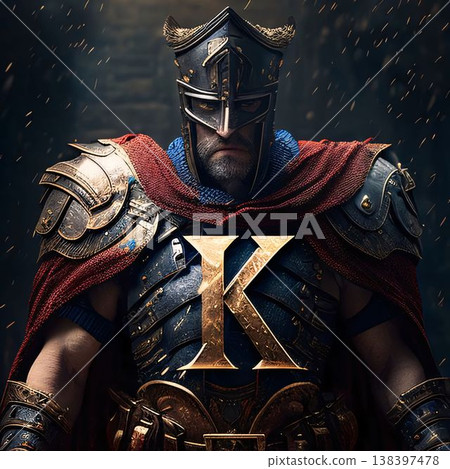 Knight in armor with the letters K in his hands. 3D rendering. 138397478