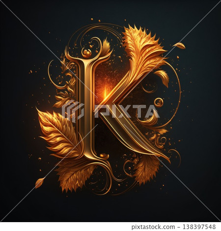 K letter with leaves and floral pattern in gold and black colors. 138397548