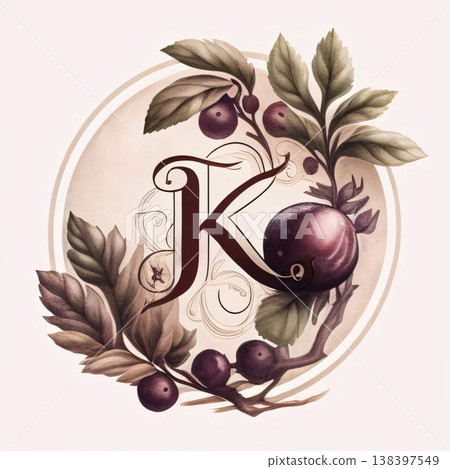 Vintage letter K with berries and leaves. Hand drawn illustration. 138397549