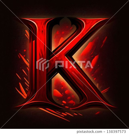 letter k in red metal on a black background with some smooth lines 138397573