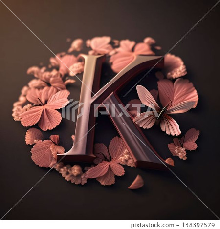 Letter K with floral decoration on black background. 3D illustration. 138397579