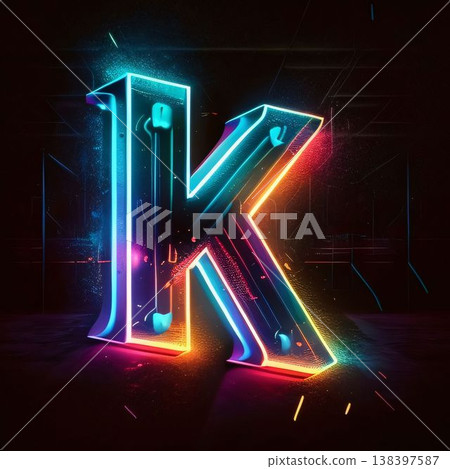 neon letter K, 3d render, square image, dark background 138397587