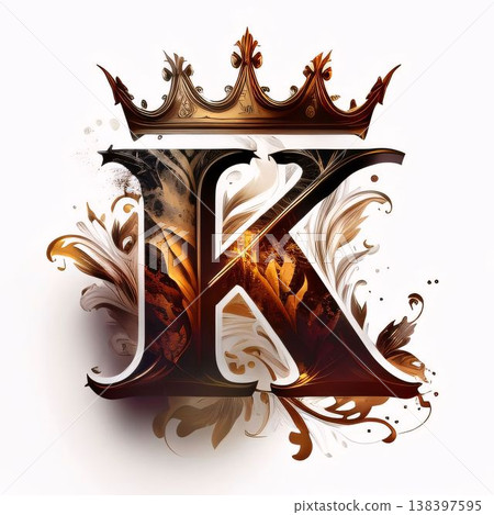 Luxury capital letter K with crown and floral ornament. 3D rendering Luxury capital letter K with crown and floral ornament. 3D rendering 138397595