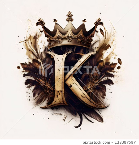 Letter K with crown and decorative elements. 3D illustration. Vintage style. Letter K with crown and decorative elements. 3D illustration. Vintage style. 138397597