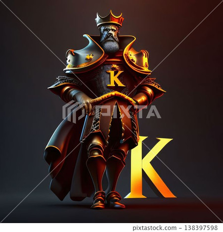 Knight in armor with crown. 3D rendering. Black background. letter K Knight in armor with crown. 3D rendering. Black background. letter K 138397598