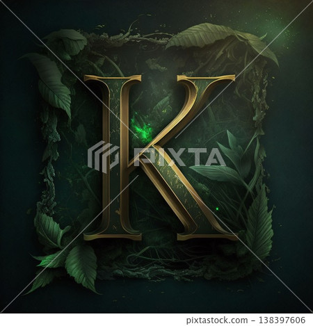 Vintage letter K with green leaves on dark background. 3D rendering 138397606